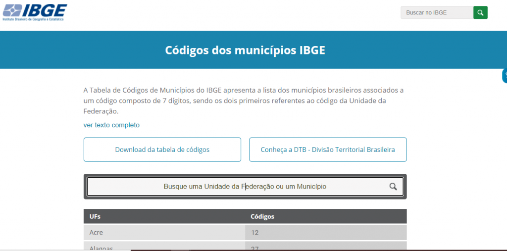 Página de código dos municípios do site da IBGE