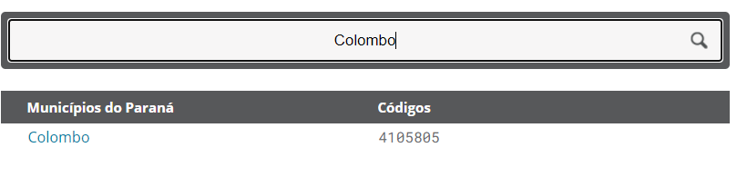 Código da cidade Colombo no site da IBGE